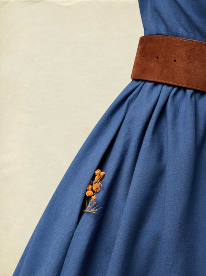 Robe midi en lin, manches courtes, col châle, unie, boutonnée, vintage, bleu marine
