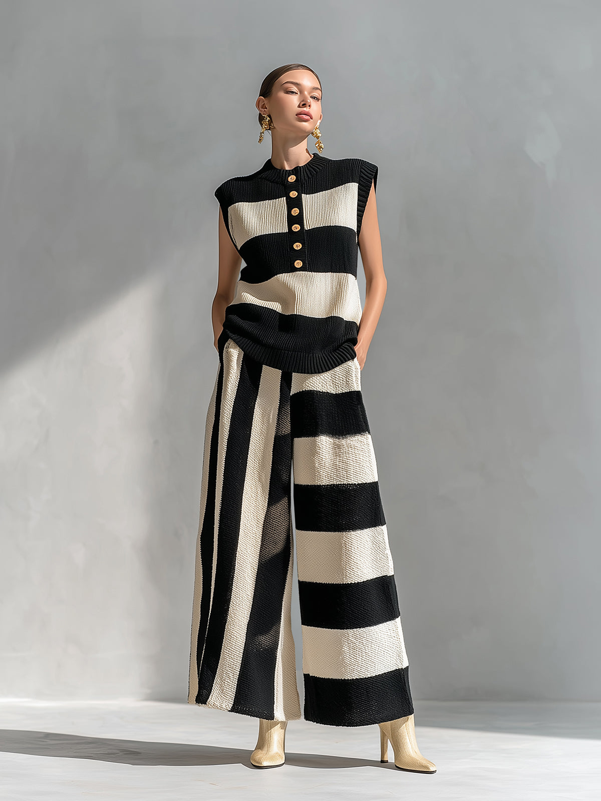 Chic Elegant Black-Beige Stripes Round-Neck Sleeveless Oversize Vest Loose-Fit Wide-Leg Pants Ribbed Knit Two-Piece Set
