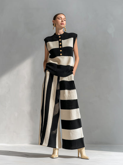 Chic Elegant Black-Beige Stripes Round-Neck Sleeveless Oversize Vest Loose-Fit Wide-Leg Pants Ribbed Knit Two-Piece Set