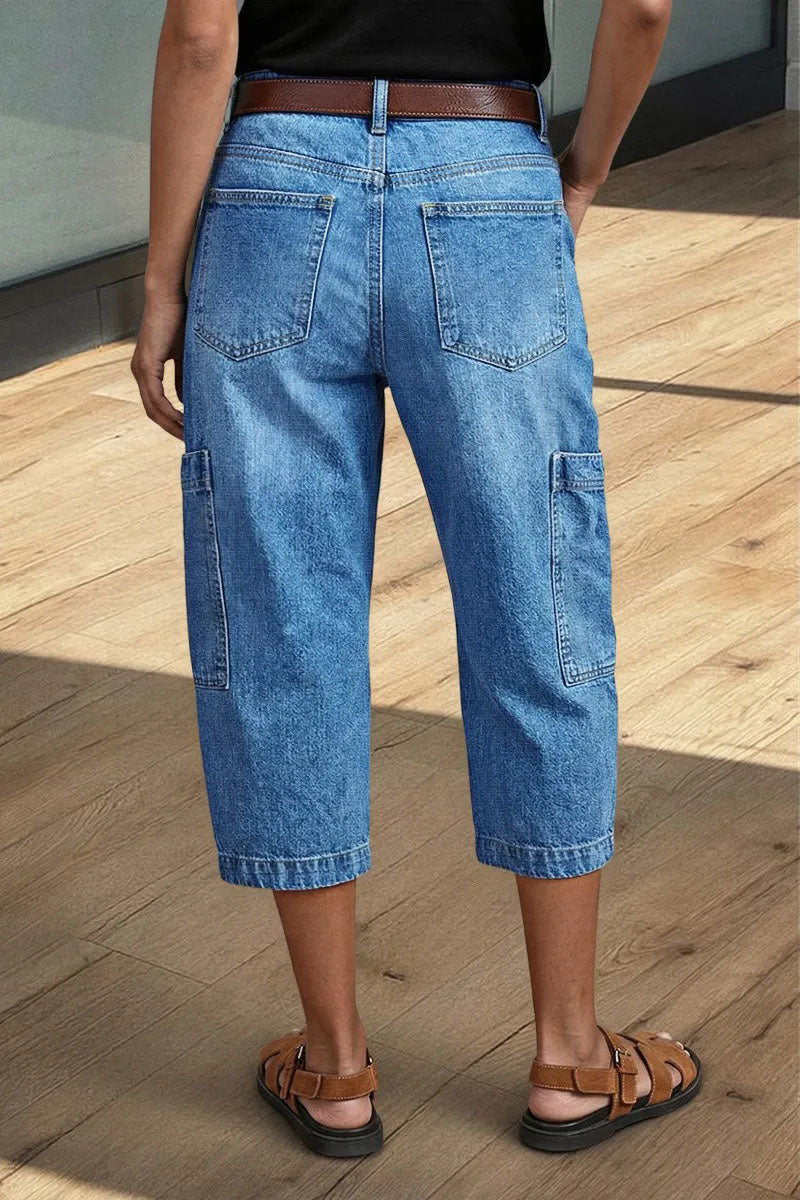 Wash Pocket Side Mid Waist Barrel Leg Capri Jeans Without Belt