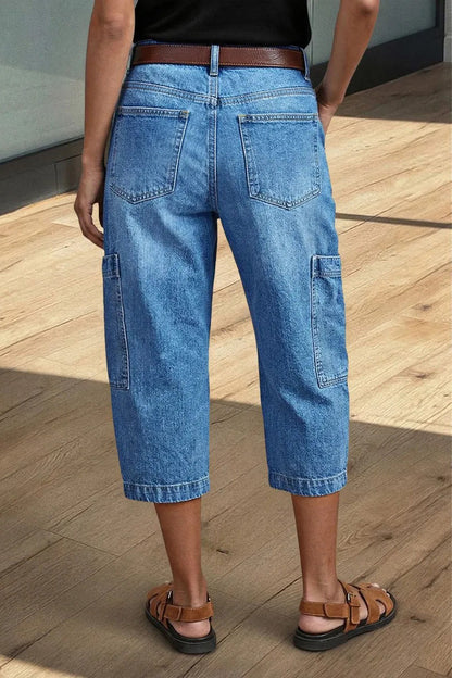 Wash Pocket Side Mid Waist Barrel Leg Capri Jeans Without Belt