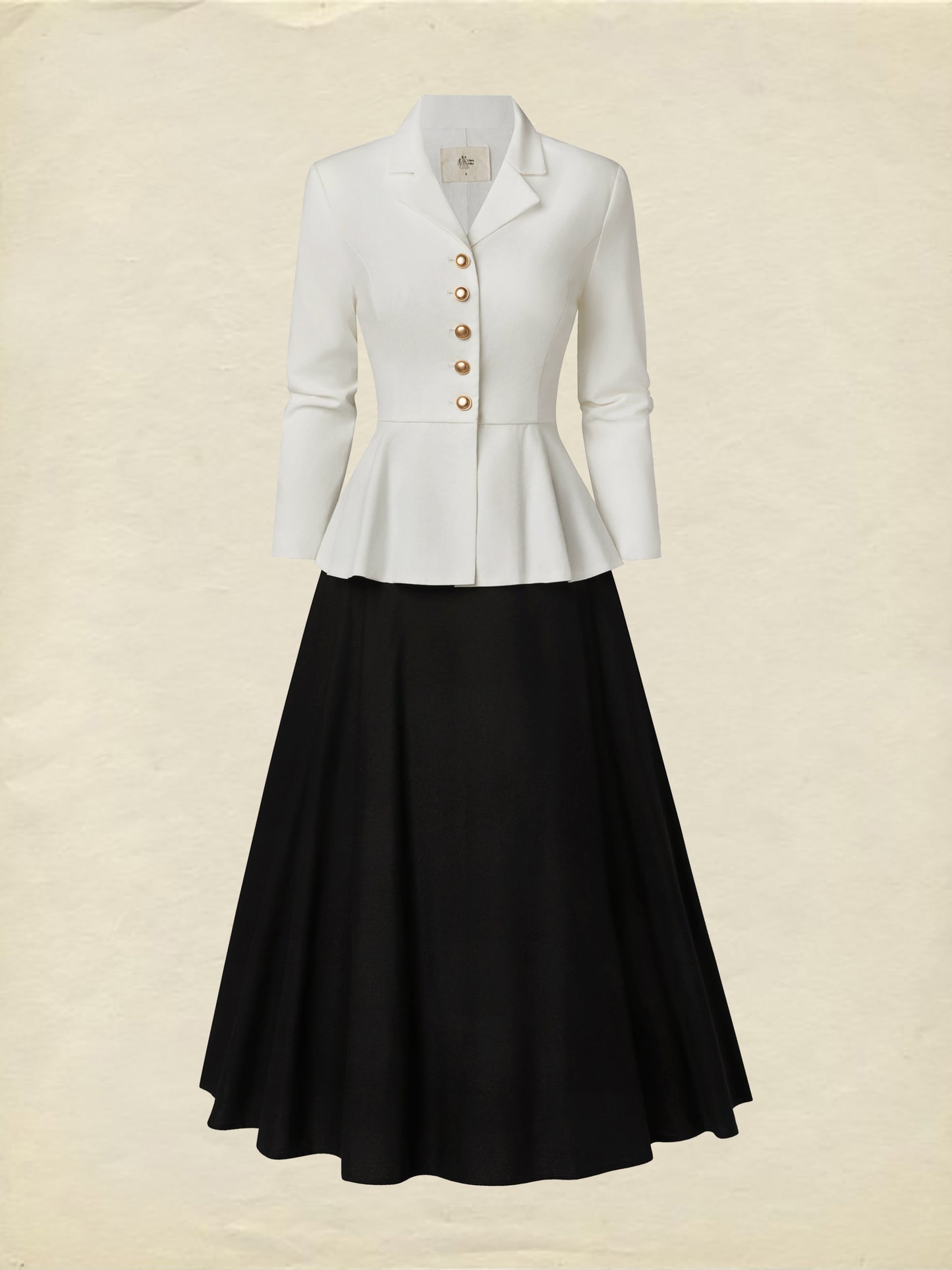 Ensemble jupe mi-longue en lin, manches longues, col à revers, uni, boutonnage, vintage, blanc
