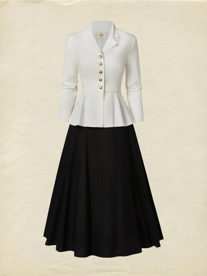 Ensemble jupe mi-longue en lin, manches longues, col à revers, uni, boutonnage, vintage, blanc