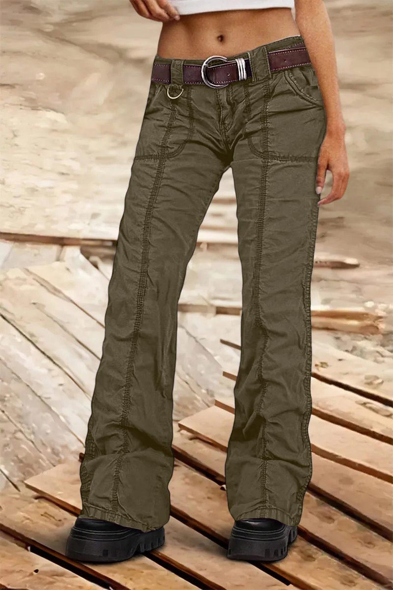 Solid Stitch Detail Mid Rise Straight Leg Cargo Pants Without Belt