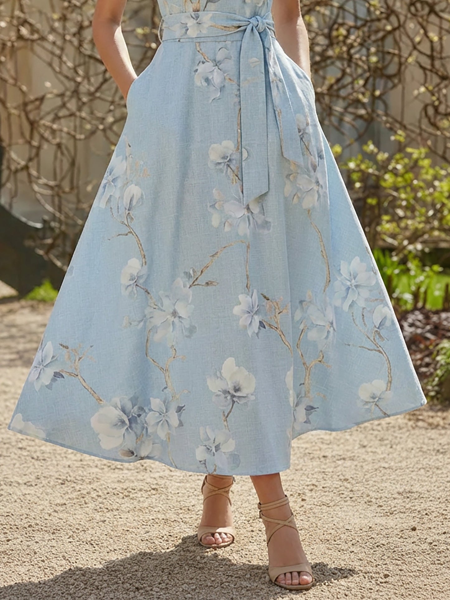 Robe longue en lin, sans manches, asymétrique (une épaule), à motifs floraux, avec ceinture, style vacances, vintage, bleue