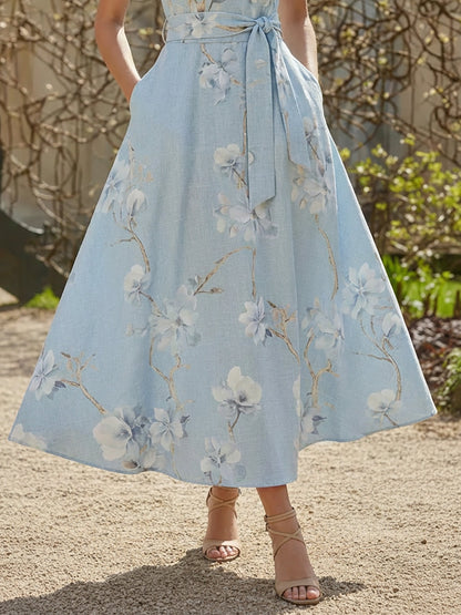 Robe longue en lin, sans manches, asymétrique (une épaule), à motifs floraux, avec ceinture, style vacances, vintage, bleue