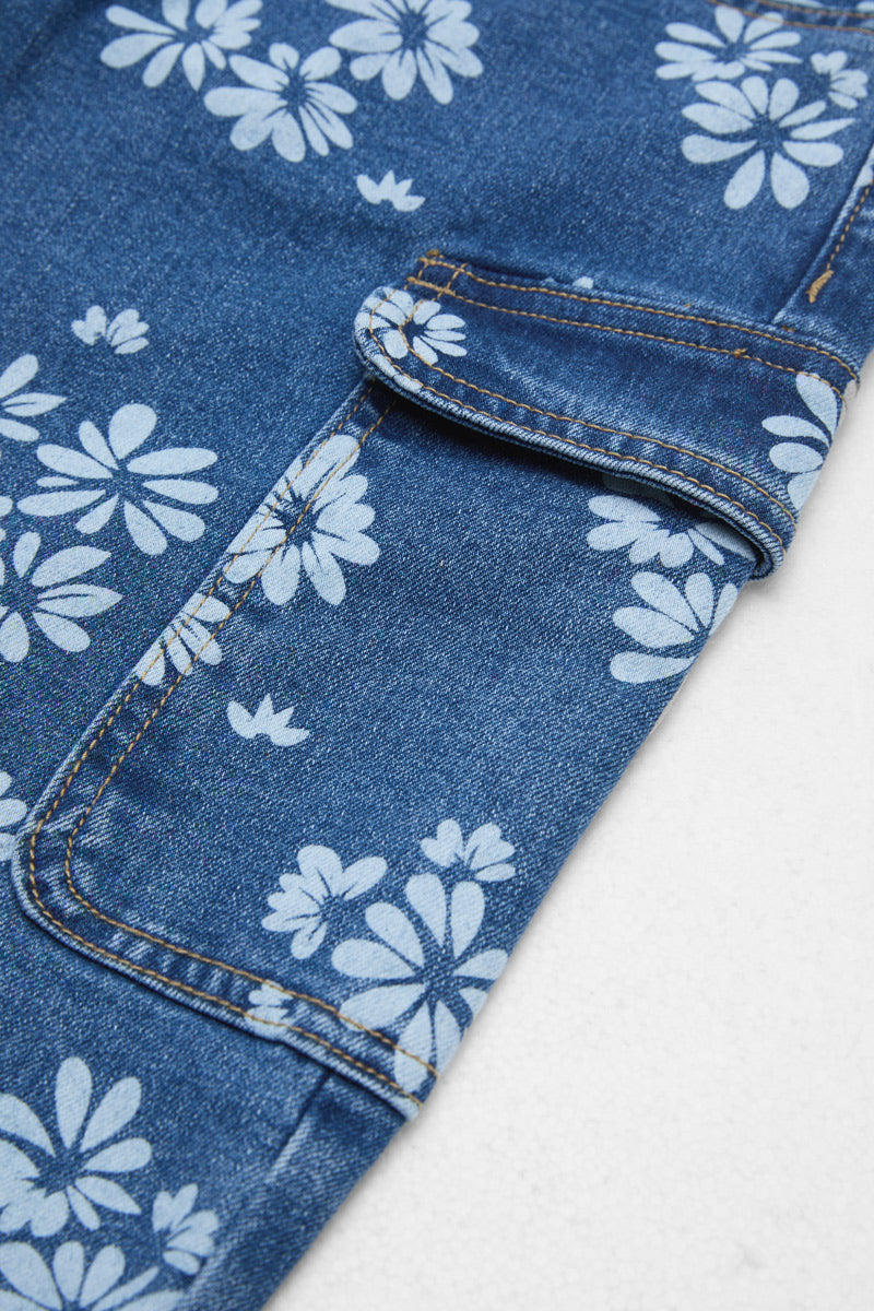 Floral Print Roll Hem Drawstring High Waist Barrel Leg Crop Jeans