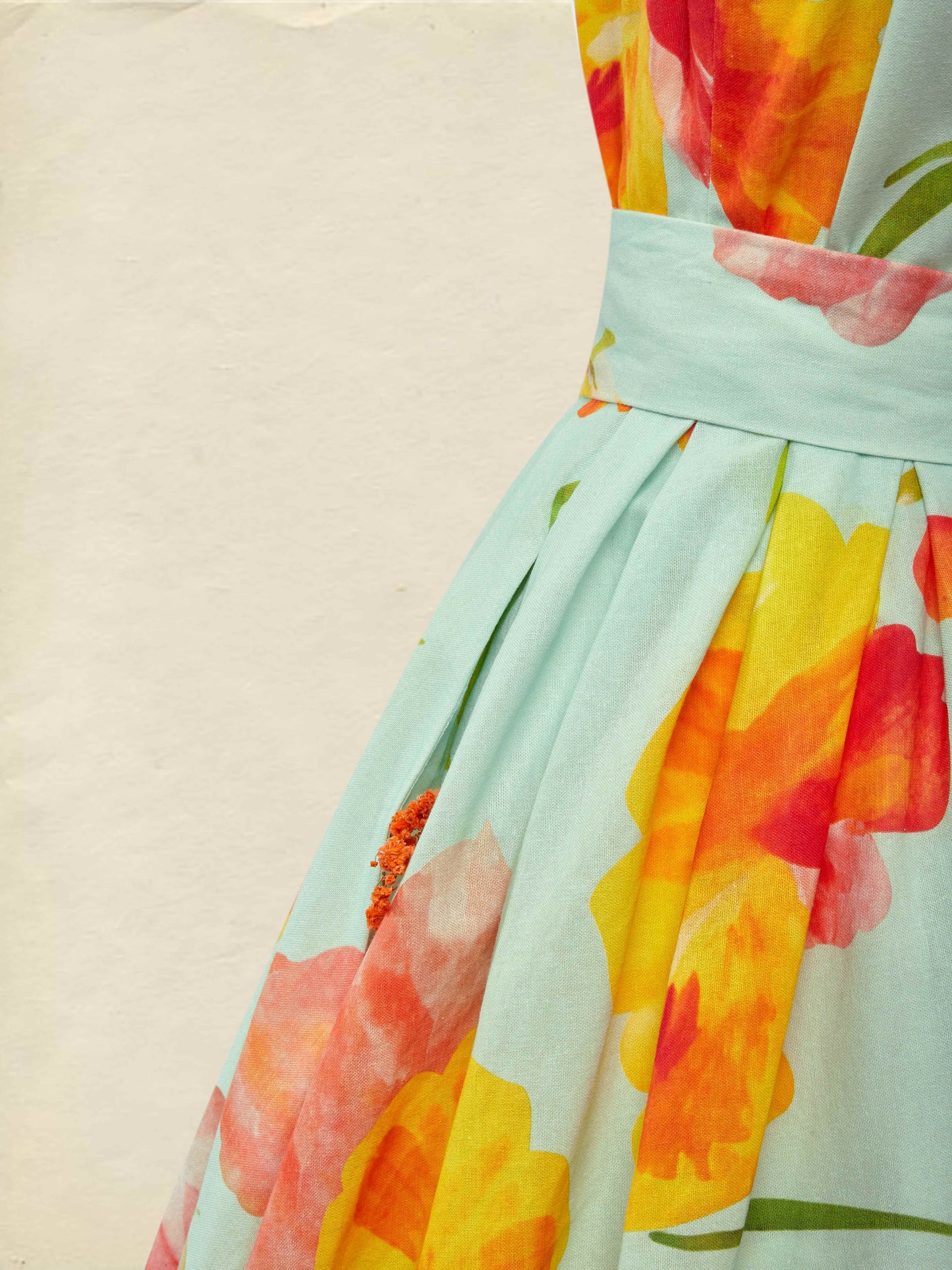 Robe Midi en Lin, Manches Courtes, Col V, Florale, Poches, Vacances, Vintage, Vert