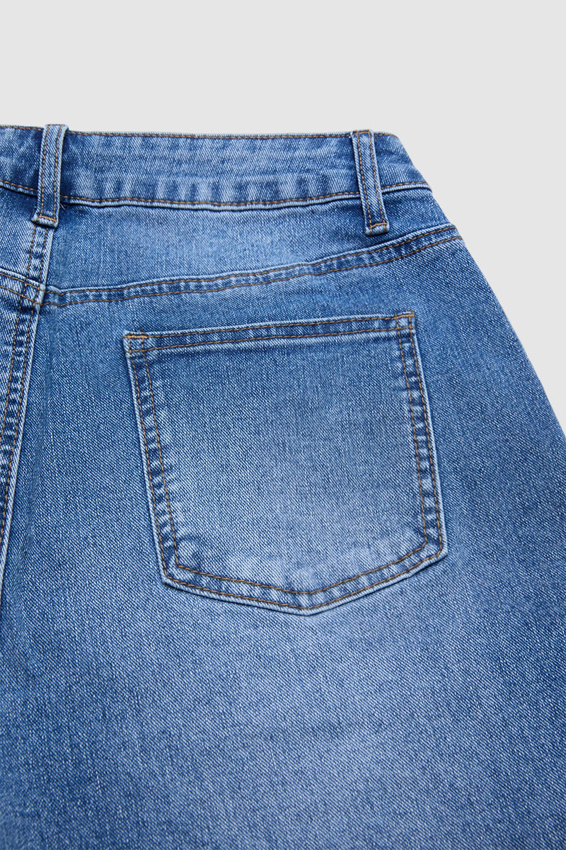 Wash Flap Decor Stitch Detail Mid Waist Denim Bermuda Shorts Without Belt