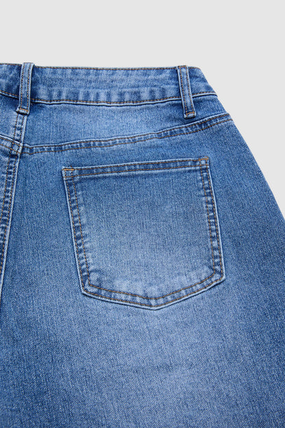 Wash Flap Decor Stitch Detail Mid Waist Denim Bermuda Shorts Without Belt