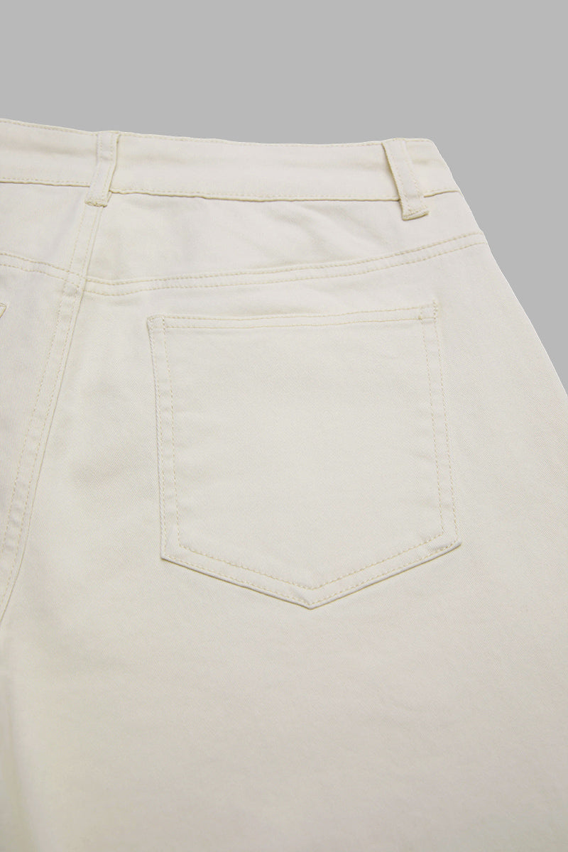 Solid Patch Pocket Ruffle Hem Mid Waist Wide Leg Pants