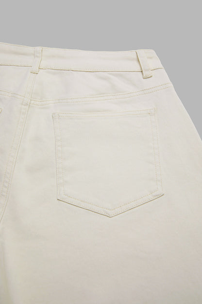 Solid Patch Pocket Ruffle Hem Mid Waist Wide Leg Pants