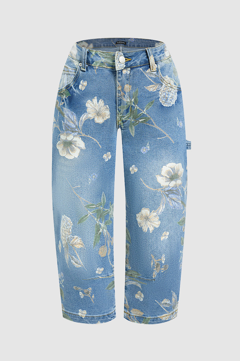 Floral Print Flap Pocket Mid Waist Barrel Leg Capri Jeans