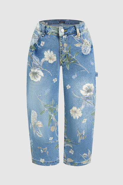 Floral Print Flap Pocket Mid Waist Barrel Leg Capri Jeans