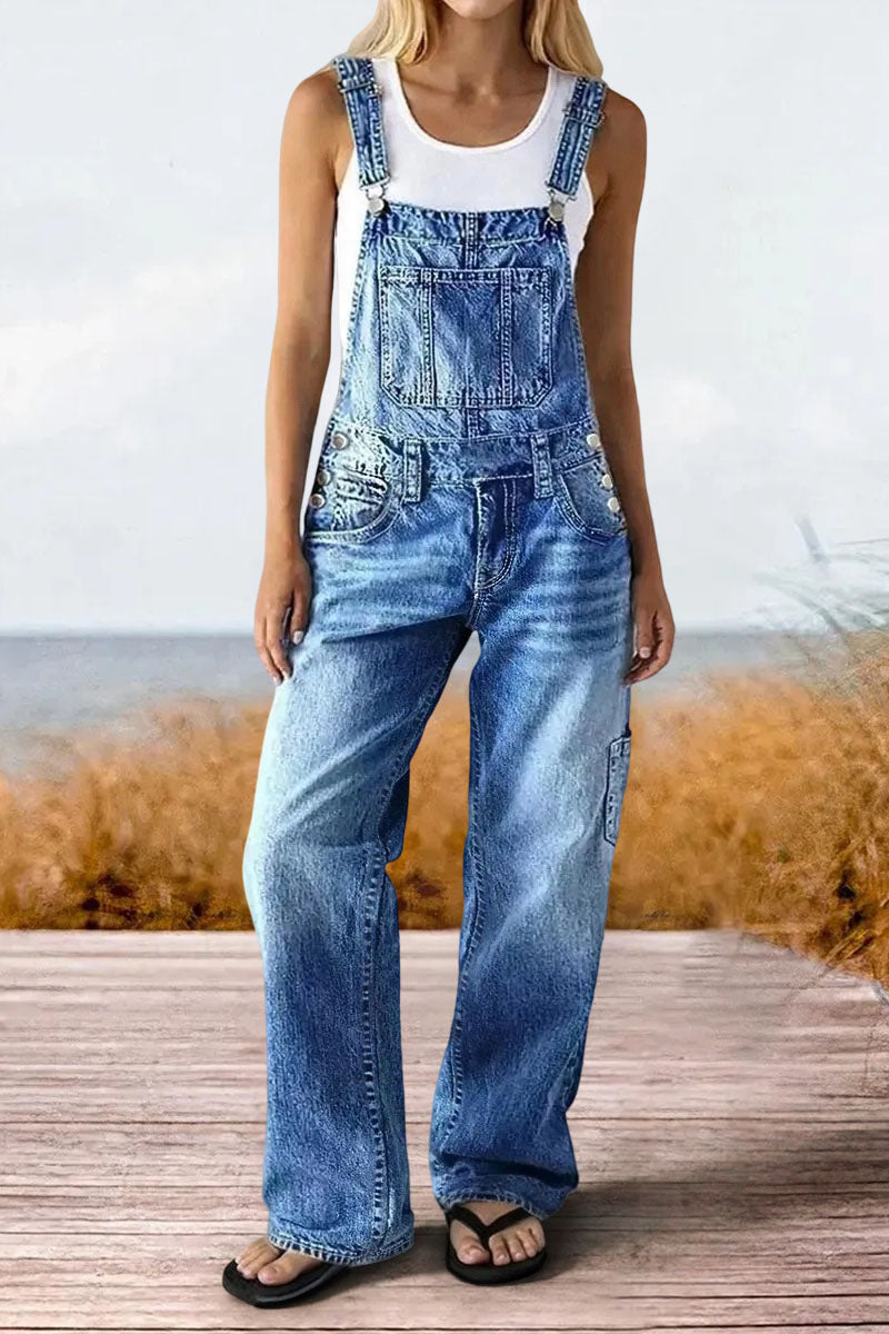 Wash Multi Pocket Mid Waist Straight Leg Overalls