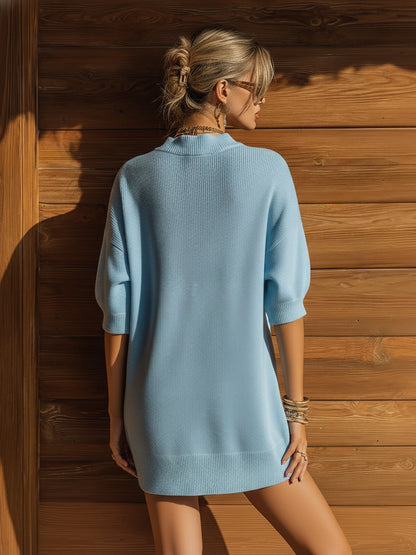 Chic Casual Light Blue Stand Collar Deep V-Neck Short-Sleeve Loose-Fit Knit Mini Dress