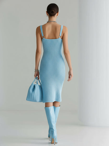 Chic Vintage Blue Strappy Sleeveless Cutout-Front Ring Details Slim-Fit Knit Midi Dress