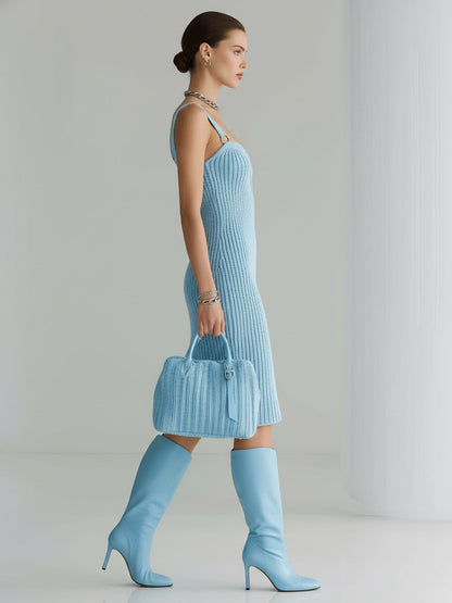 Chic Vintage Blue Strappy Sleeveless Cutout-Front Ring Details Slim-Fit Knit Midi Dress