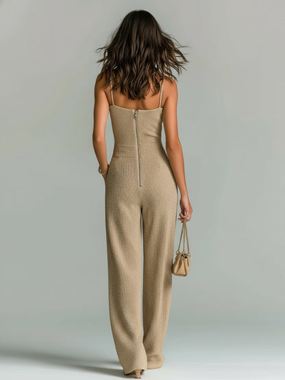 Chic Casual Camel Strappy Sleeveless Tailored Waist Wide Leg Ribbed Knit Jumpsuit