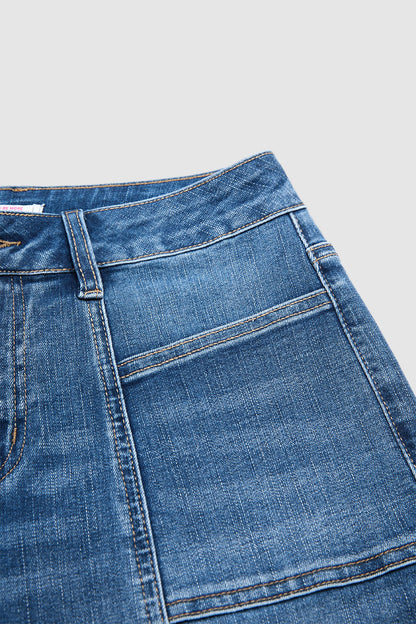 Wash Raw Hem Stitch Detail Mid Waist Straight Leg Cropped Jeans