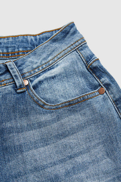 Wash Stretchy Mid Waist Straight Leg Jeans