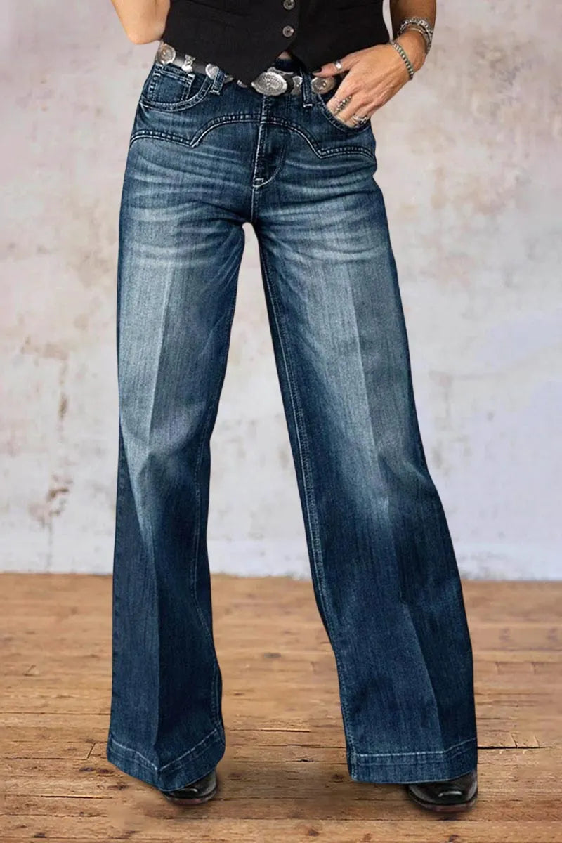 Wash Stitch Detail Mid Rise Straight Leg Jeans Without Belt