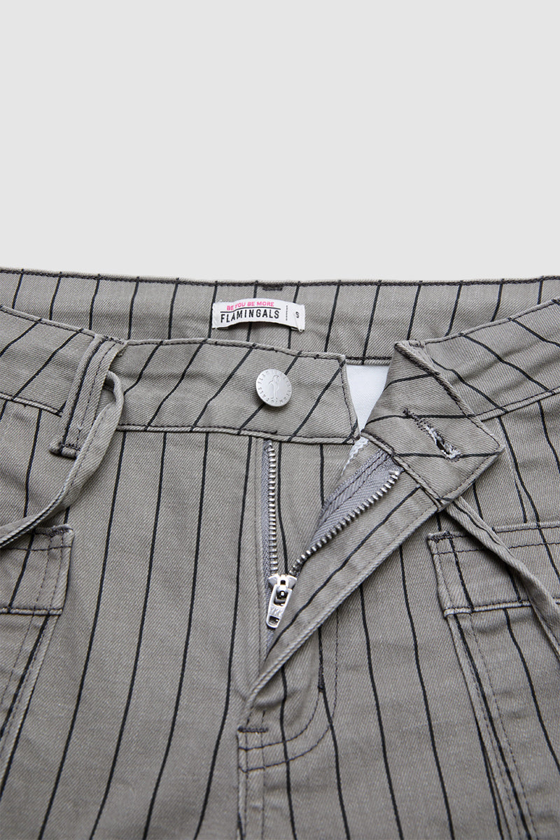 Striped Roll Hem Drawstring Mid Waist Straight Leg Cropped Pants