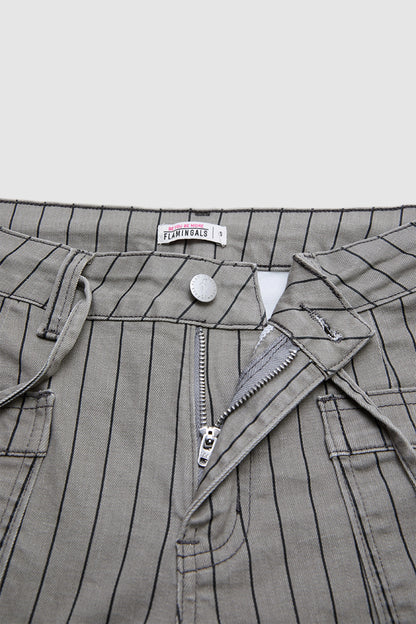 Striped Roll Hem Drawstring Mid Waist Straight Leg Cropped Pants