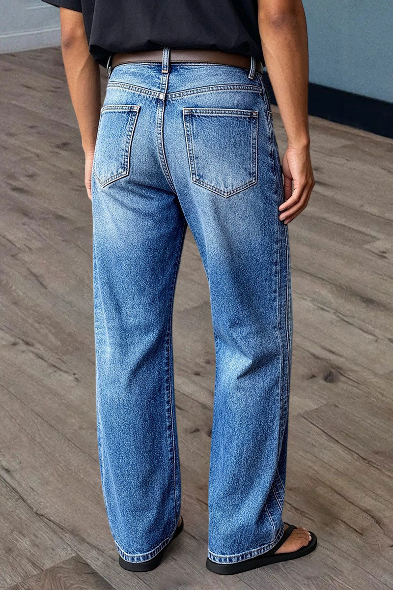 Wash Seam Front Mid Rise Straight Leg Jeans Without Belt