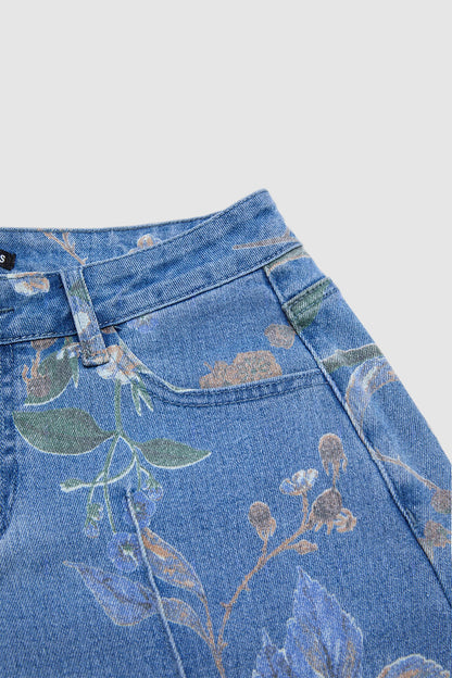 Floral Print Seam Front Mid Waist Denim Bermuda Shorts