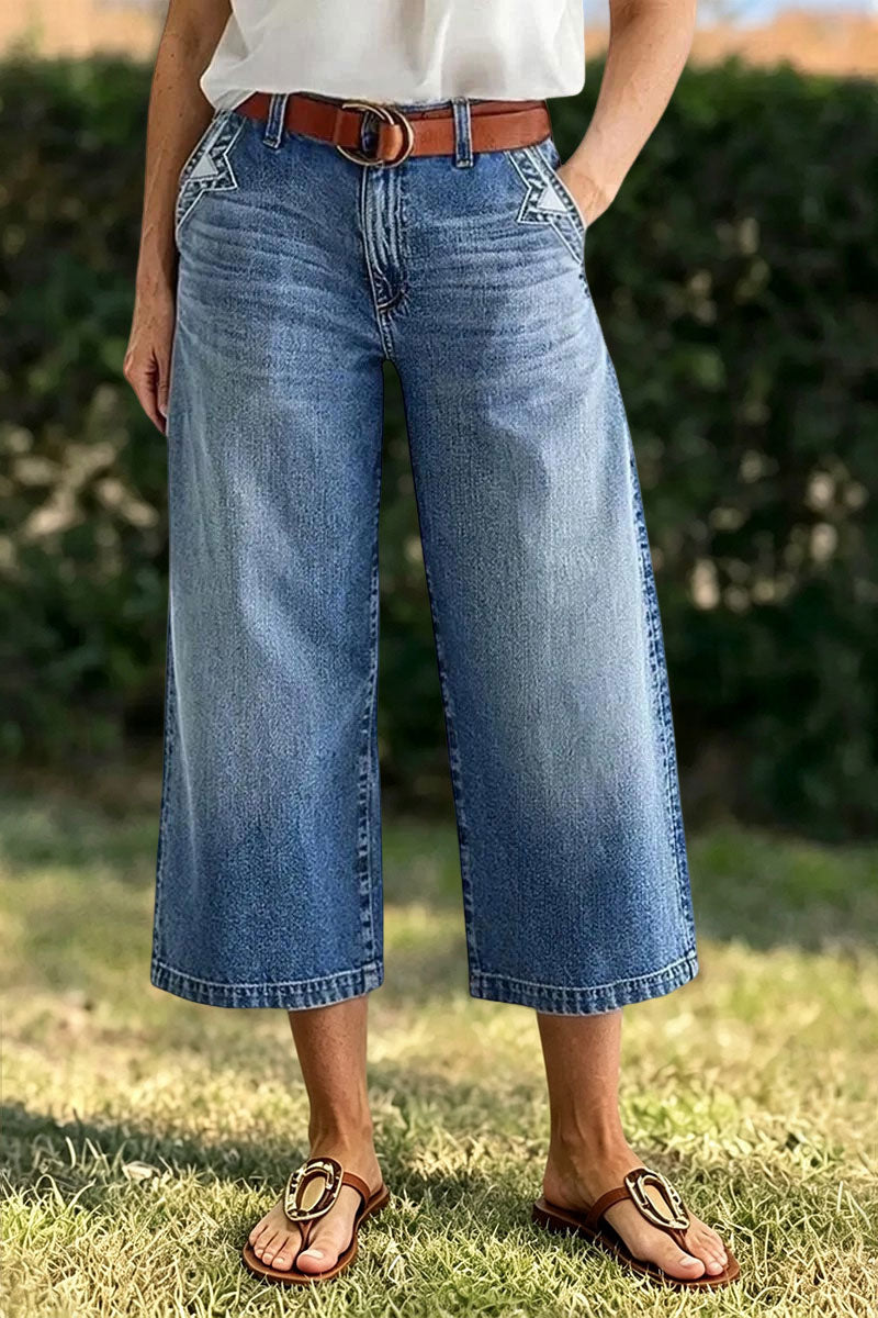 Wash Stitch Detail Mid Waist Wide Leg Capri Jeans Without Belt