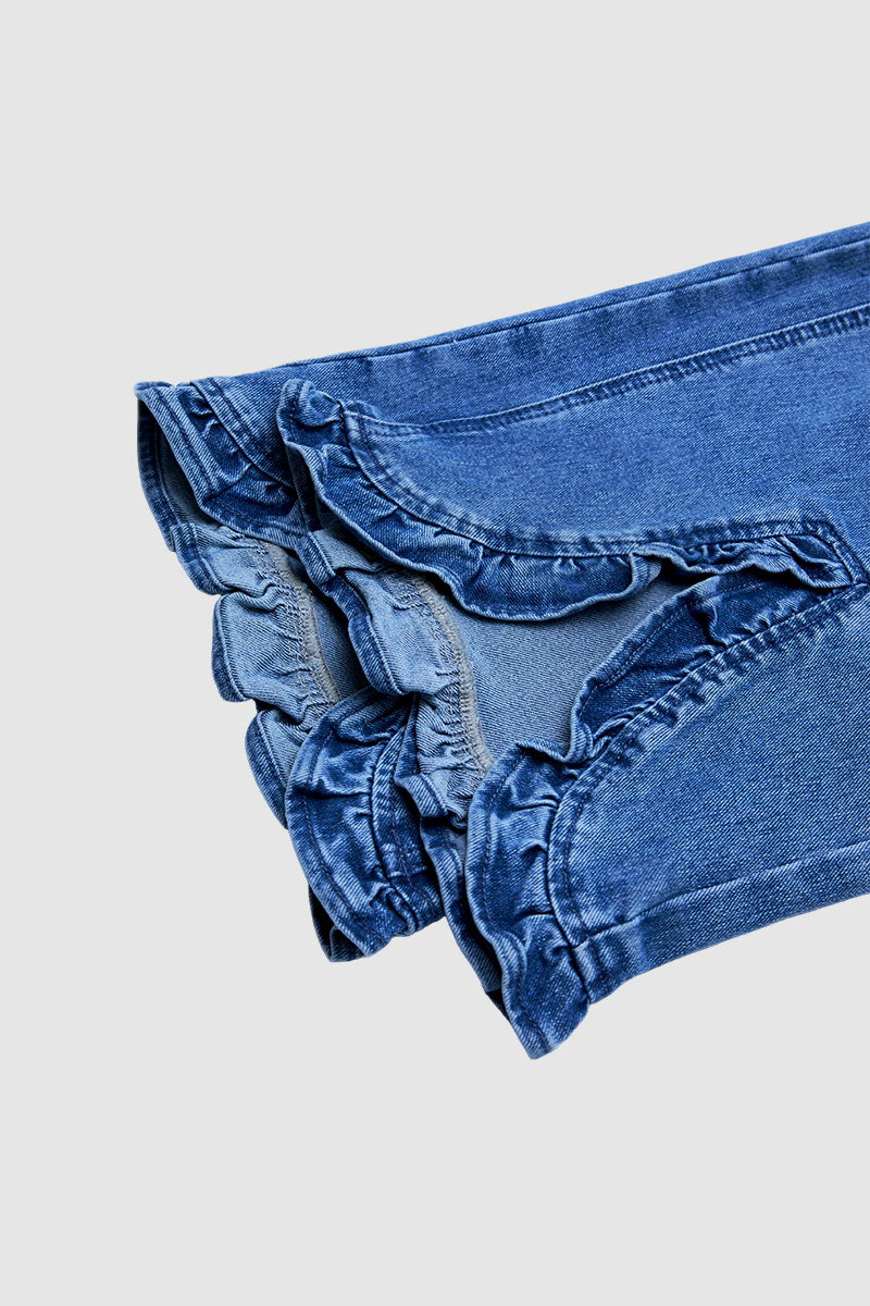 Wash Ruffle Hem Asymmetrical Mid Waist Wide Leg Cropped Jeans