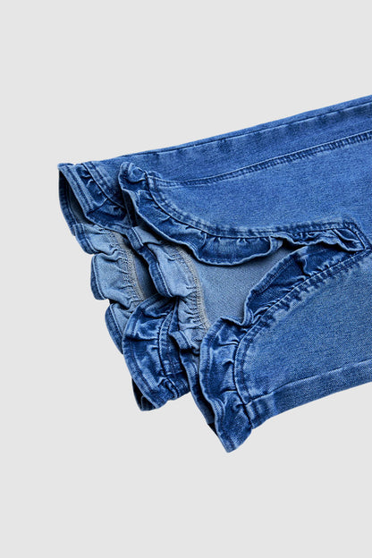 Wash Ruffle Hem Asymmetrical Mid Waist Wide Leg Cropped Jeans