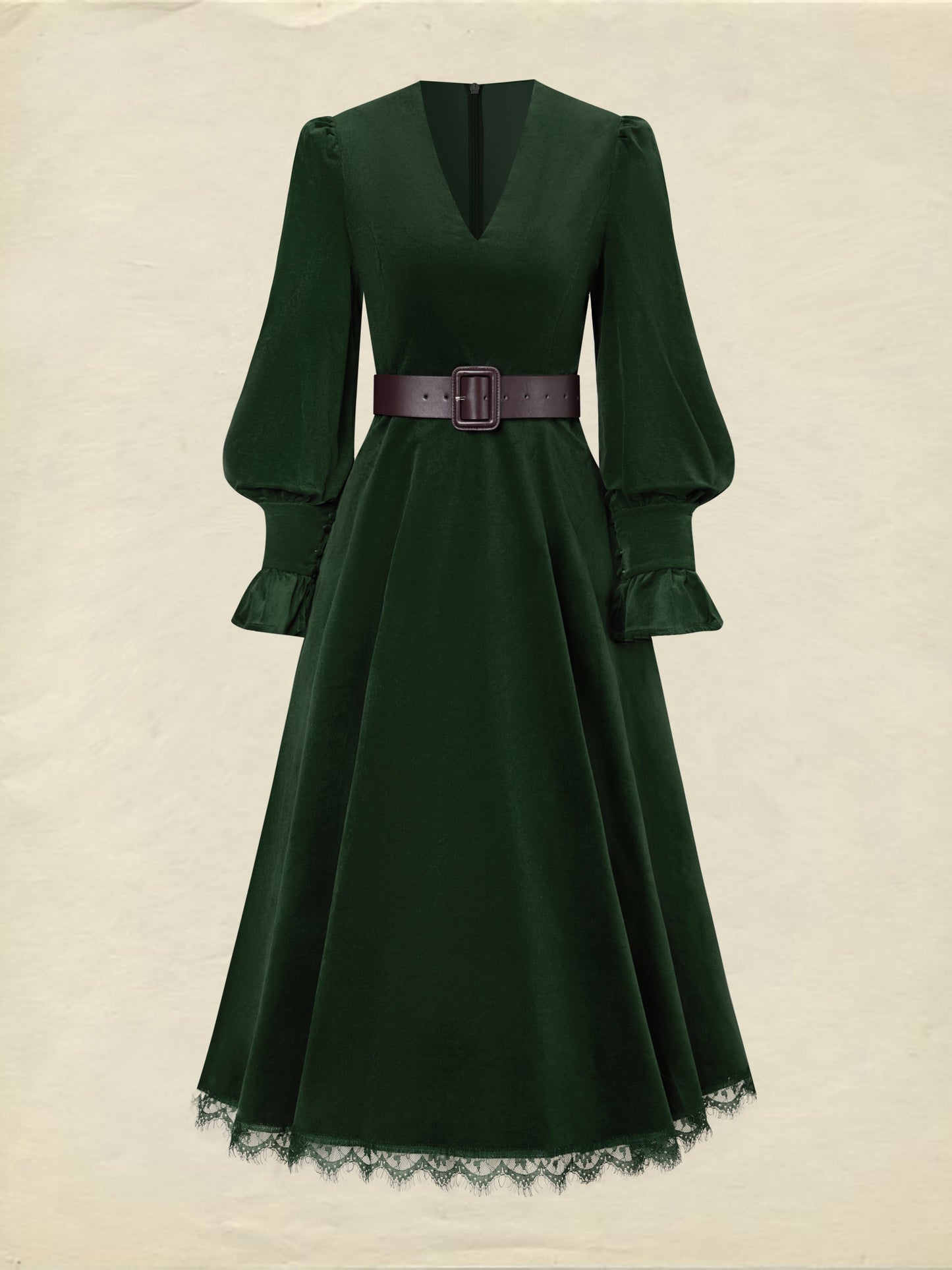 Robe midi en coton, manches longues, col en V, unie, dentelle, vintage, verte