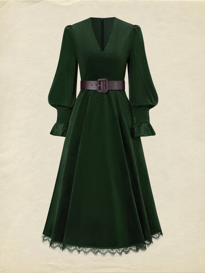 Robe midi en coton, manches longues, col en V, unie, dentelle, vintage, verte