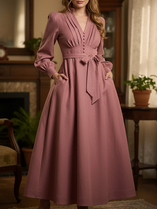 Robe midi en lin, manches longues, col en V, unie, boutonnée, vintage, rose fuchsia