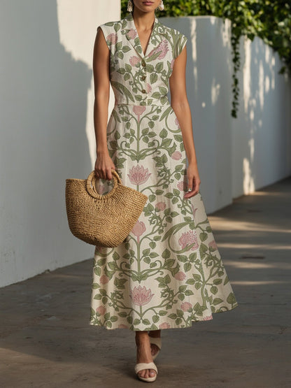 (TAILLE:XS-XXL) Robe Midi en Lin, Manches Courtes, Col Châle, Fleurie, Boutonnée, Vintage, Verte