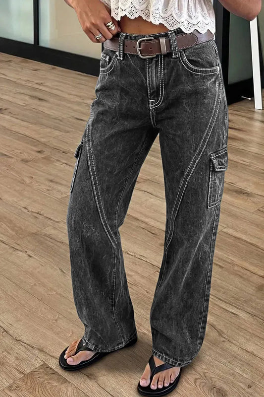 Wash Flap Pocket Seam Detail High Waist Straight Leg Pants Without Belt