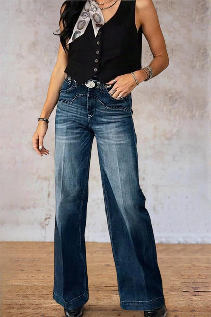 Wash Stitch Detail Mid Rise Straight Leg Jeans Without Belt