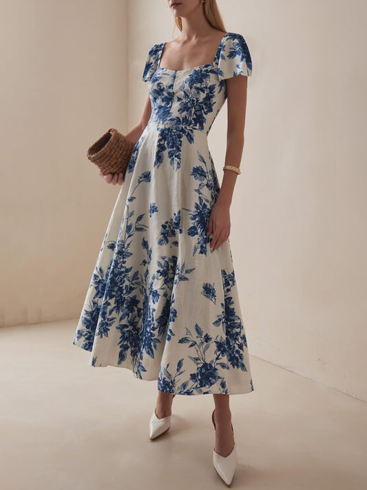 Robe longue en lin, Manches courtes, Encolure carrée, Imprimé floral, Vacances, Style vintage français, Bleu