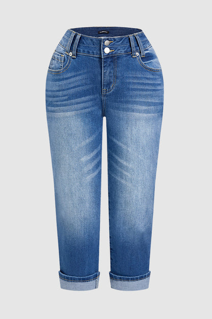 Roll Hem Dual Button High Waist Straight Leg Capri Jeans