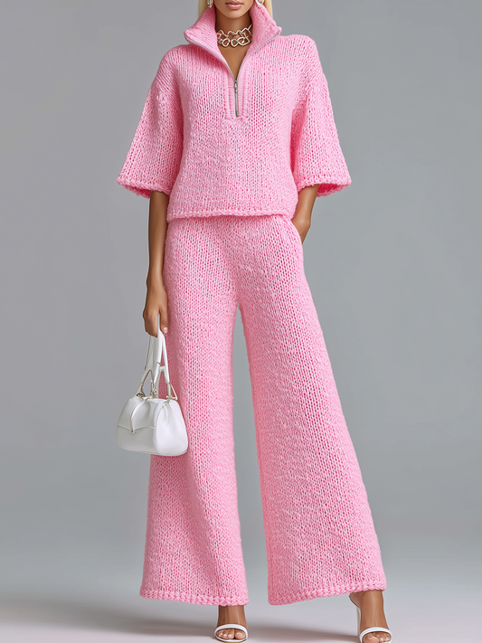 Stylish Elegant Barbie Pink Lapel Seven-Quarter Sleeve Half-Zip Loose Sweater And Wide-Leg Pants Two-Piece Set