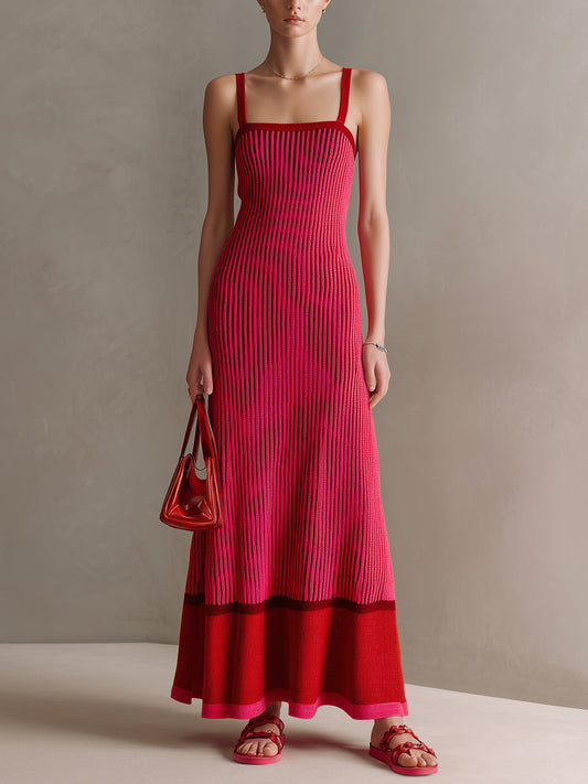 Chic Elegant Hot Pink-Red Colorblock Thin Straps Square Neck Sleeveless Tailored Waist A-Line Ribbed Knit Maxi Dress