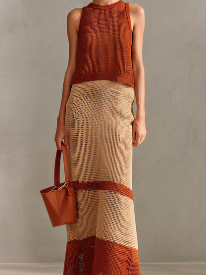 Chic Elegant Caramel-Beige Colorblock Round Neck Sleeveless Vest A-Line Maxi Skirt Knit Two-Piece Set