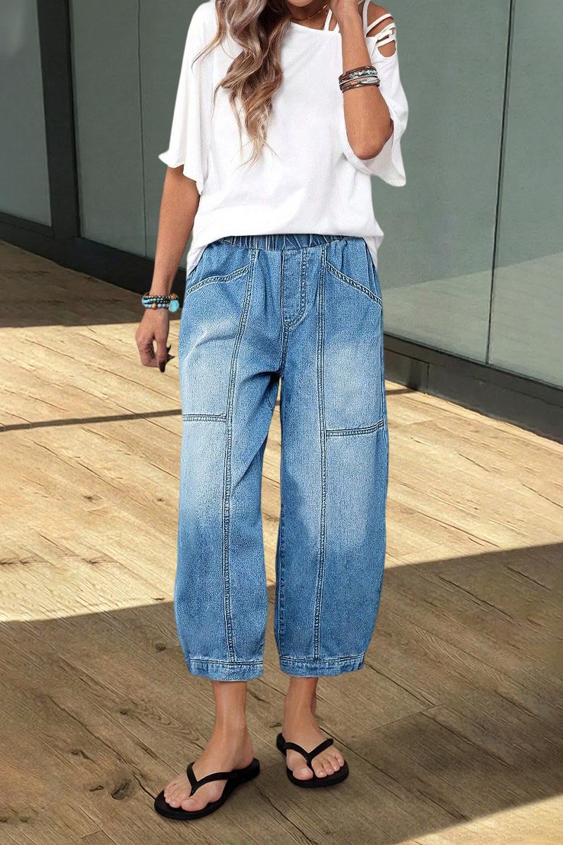 Wash Seam Elastic Mid Rise Wide Leg Crop Barrel Jeans