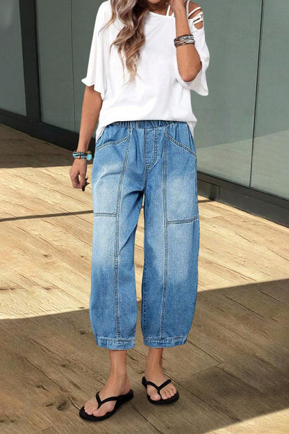 Wash Seam Elastic Mid Rise Wide Leg Crop Barrel Jeans