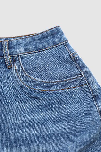 Wash Raw Hem Ripped Mid Waist Denim Shorts