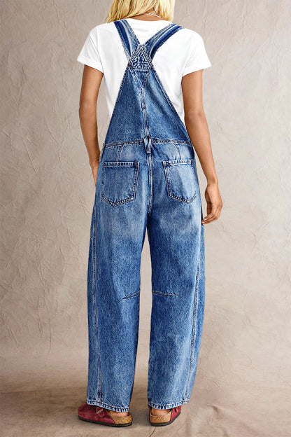 Patched Stitch Detail Barrel Leg Denim Overalls