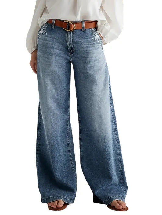 Wash Stitch Decor Wide Leg Mid Rise Jeans Without Belt