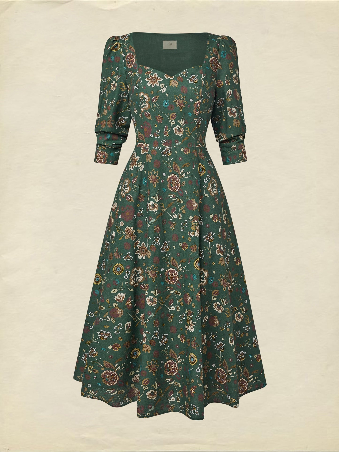 Robe midi en lin, manches longues, col carré, motif cachemire, vintage, verte